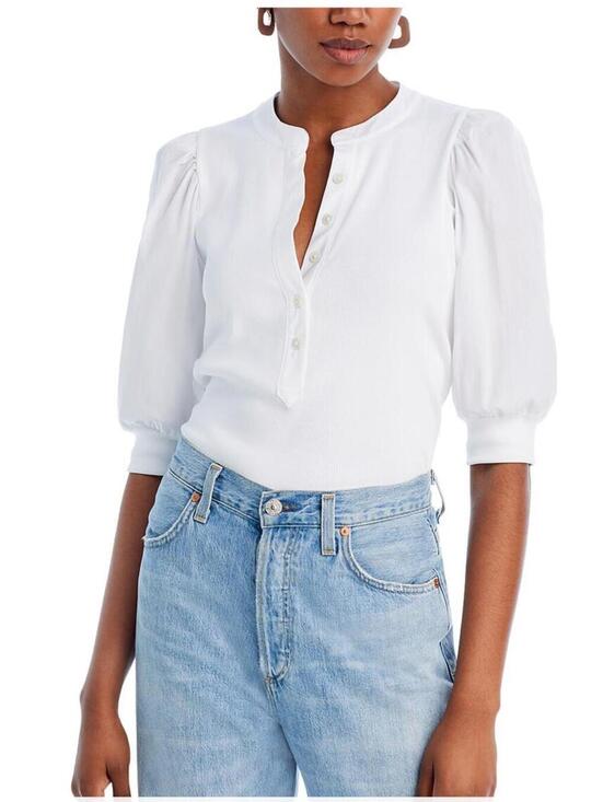 Veronica Beard Tops - Veronica Beard White Henley Puff Sleeve Top
